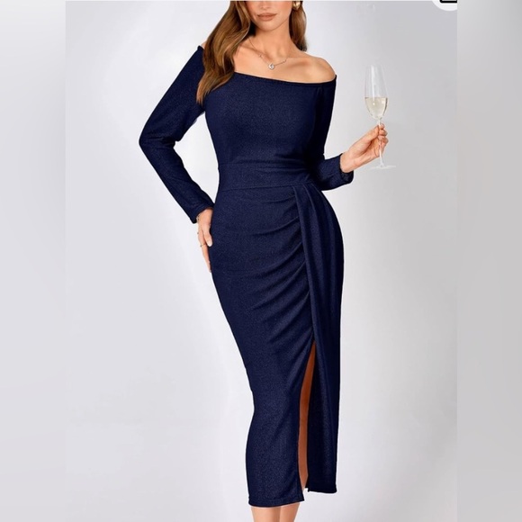 BTFBM Women Off Shoulder Bodycon Dress with Slit Glitter Ball Gown Maxi Dress S - Picture 5 of 13